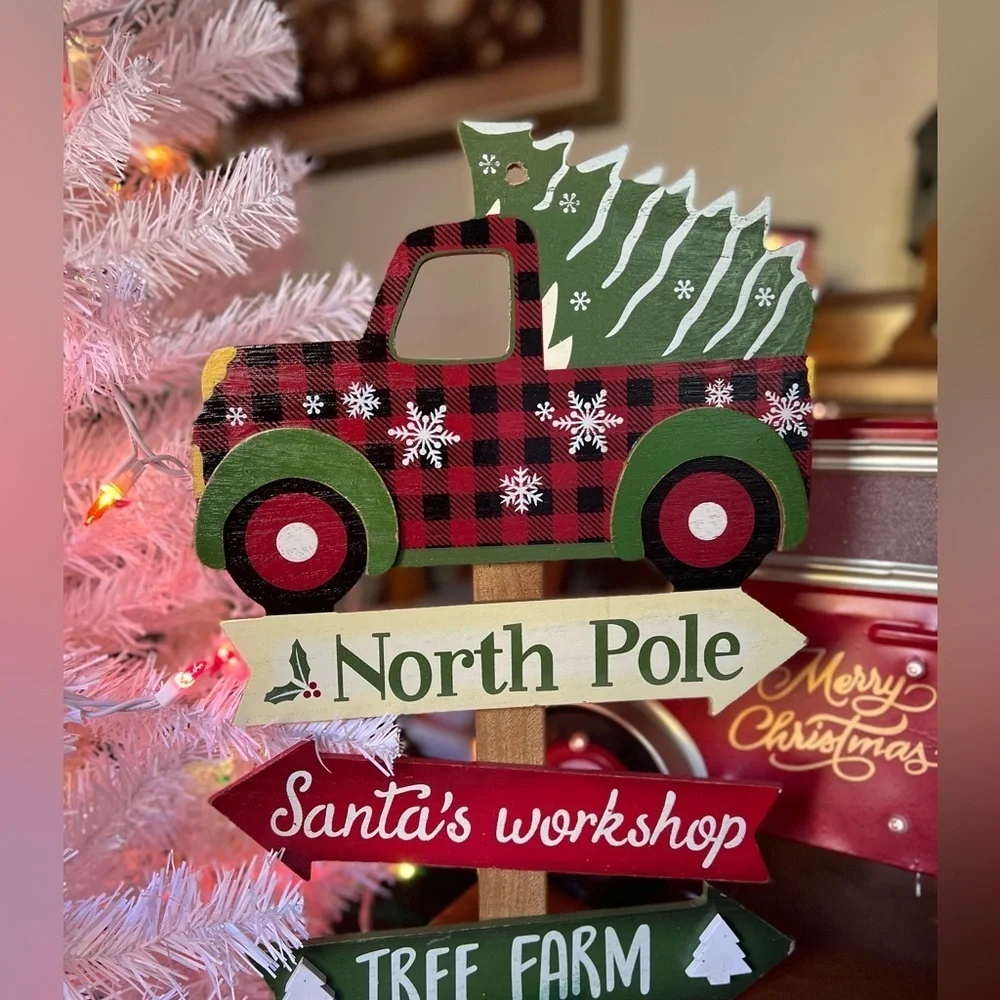 Red Truck Santa's Workshop North Pole Wooden Wall Decor